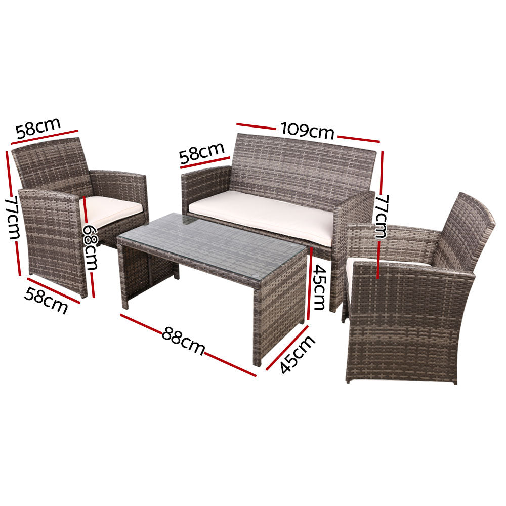 4 PCS Outdoor Sofa Set with Storage Cover Rattan Chair Furniture Grey