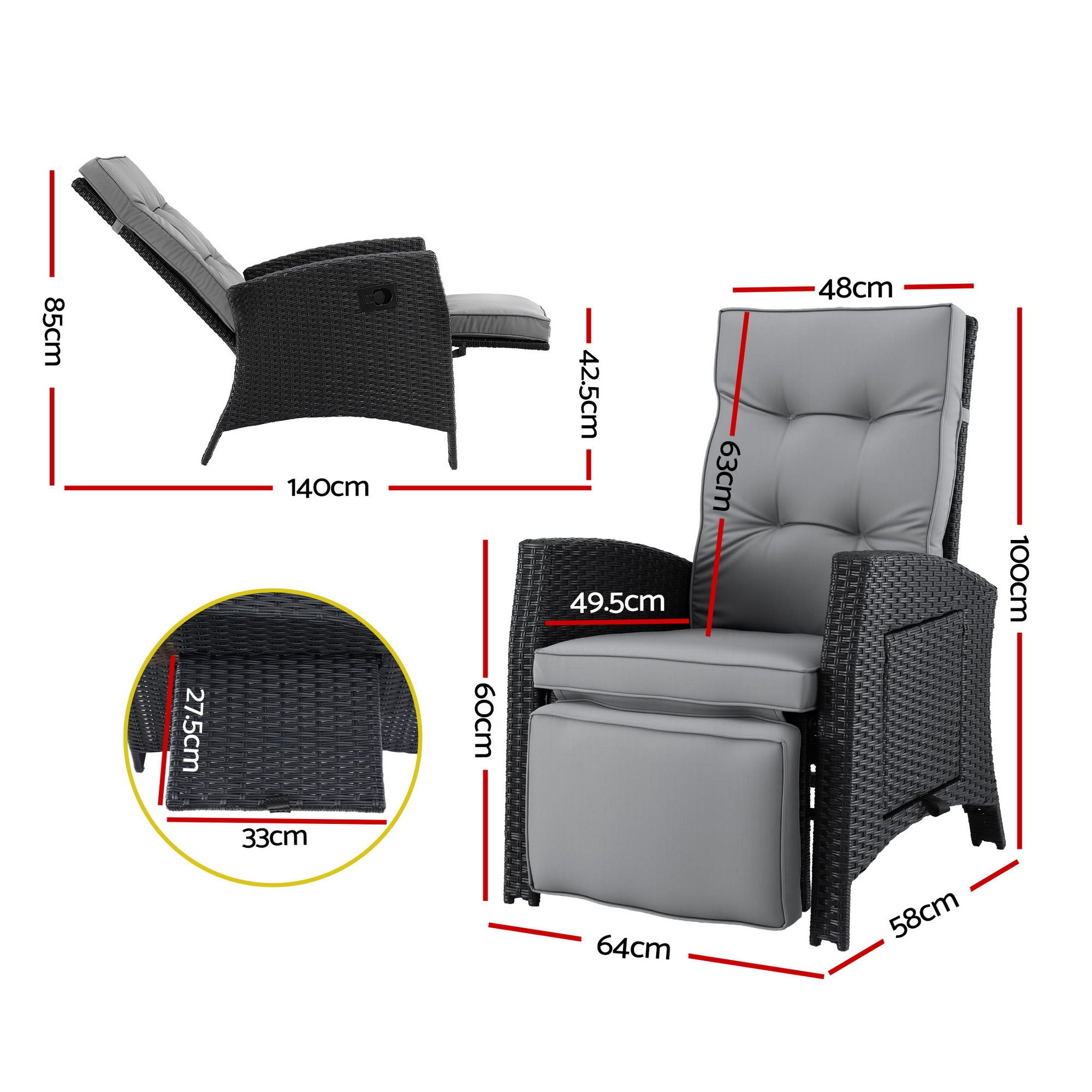 Outdoor Adjustable Recliner Sun Lounge Wicker Patio Chair - Black