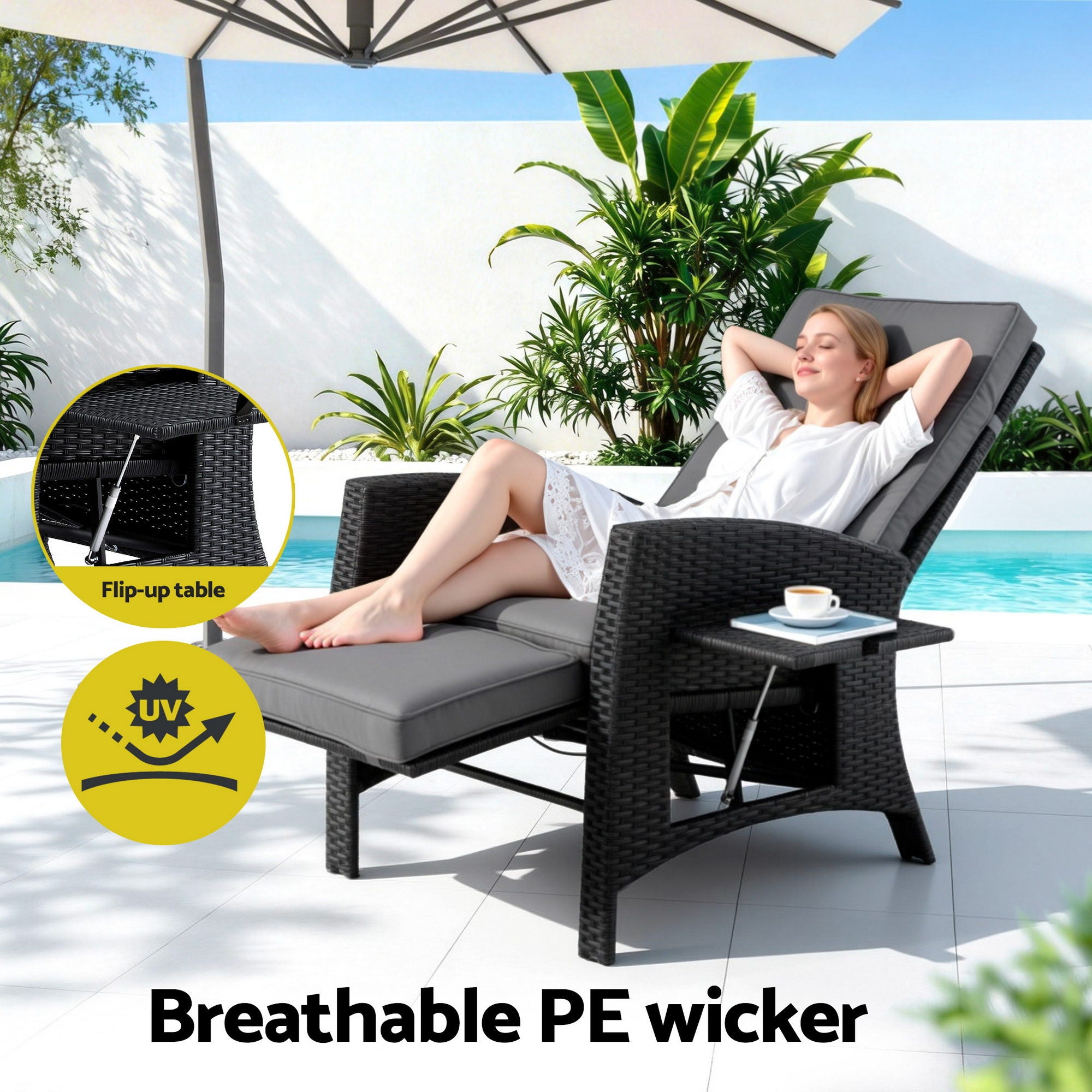 Outdoor Adjustable Recliner Sun Lounge Wicker Patio Chair - Black