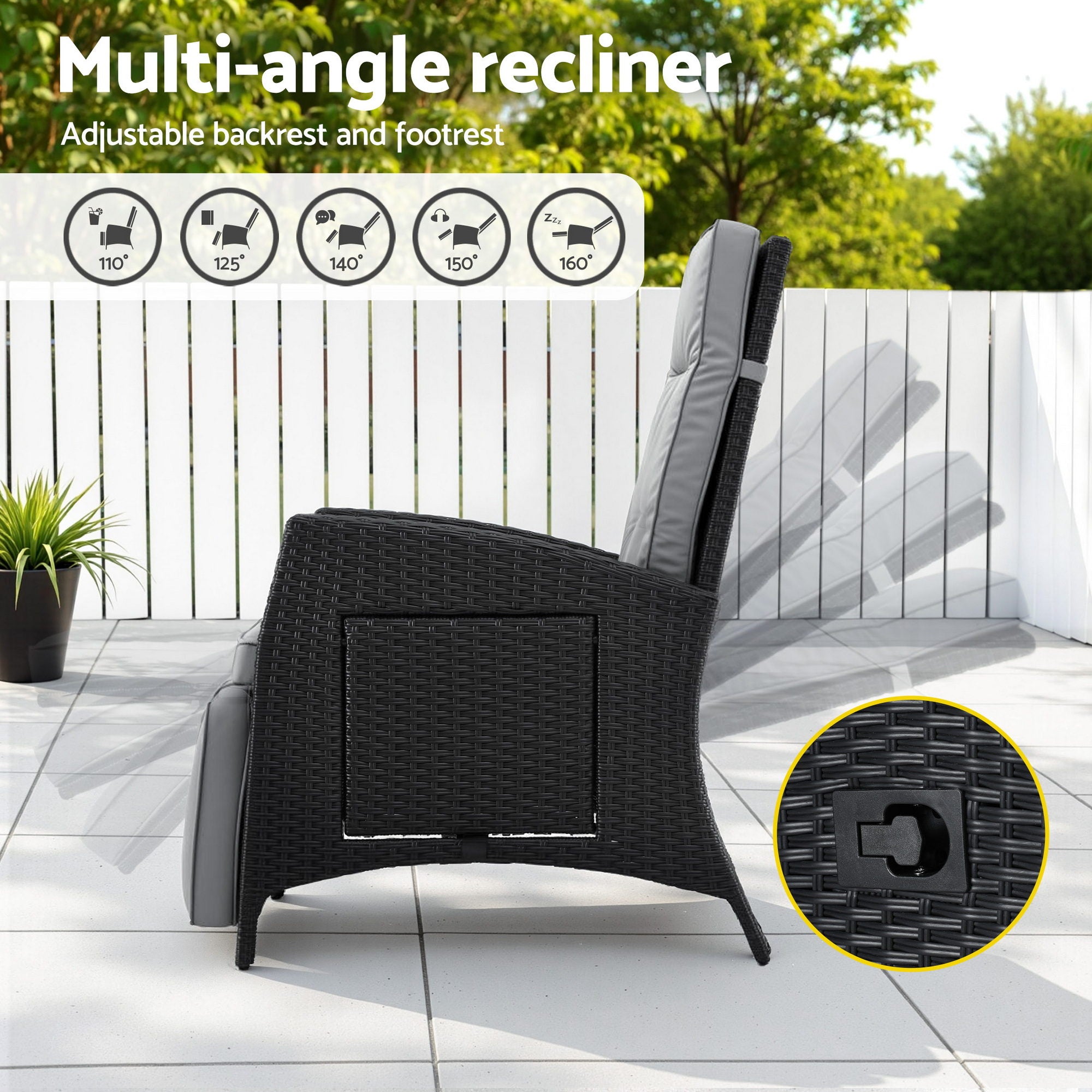 Outdoor Adjustable Recliner Sun Lounge Wicker Patio Chair - Black