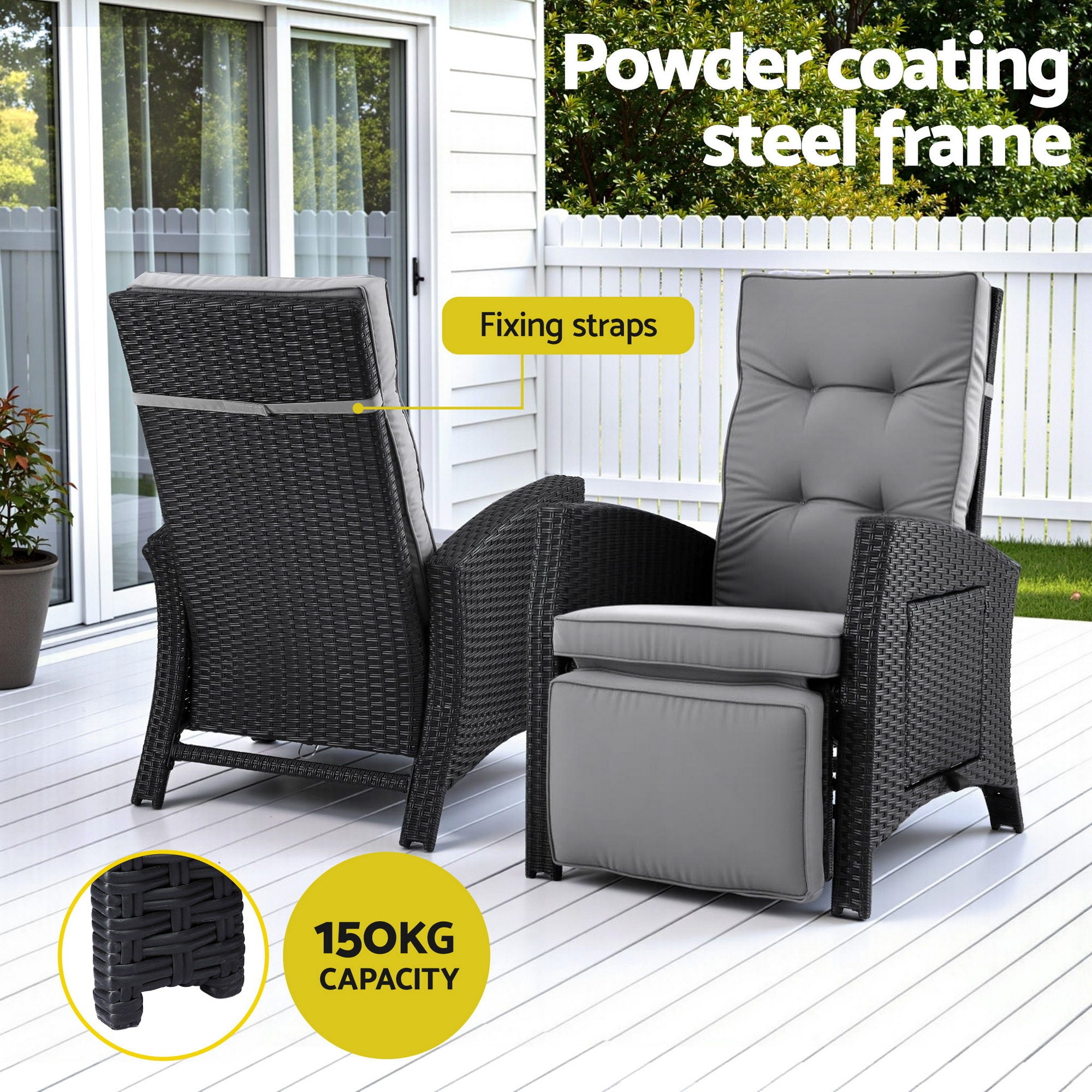 Outdoor Adjustable Recliner Sun Lounge Wicker Patio Chair - Black