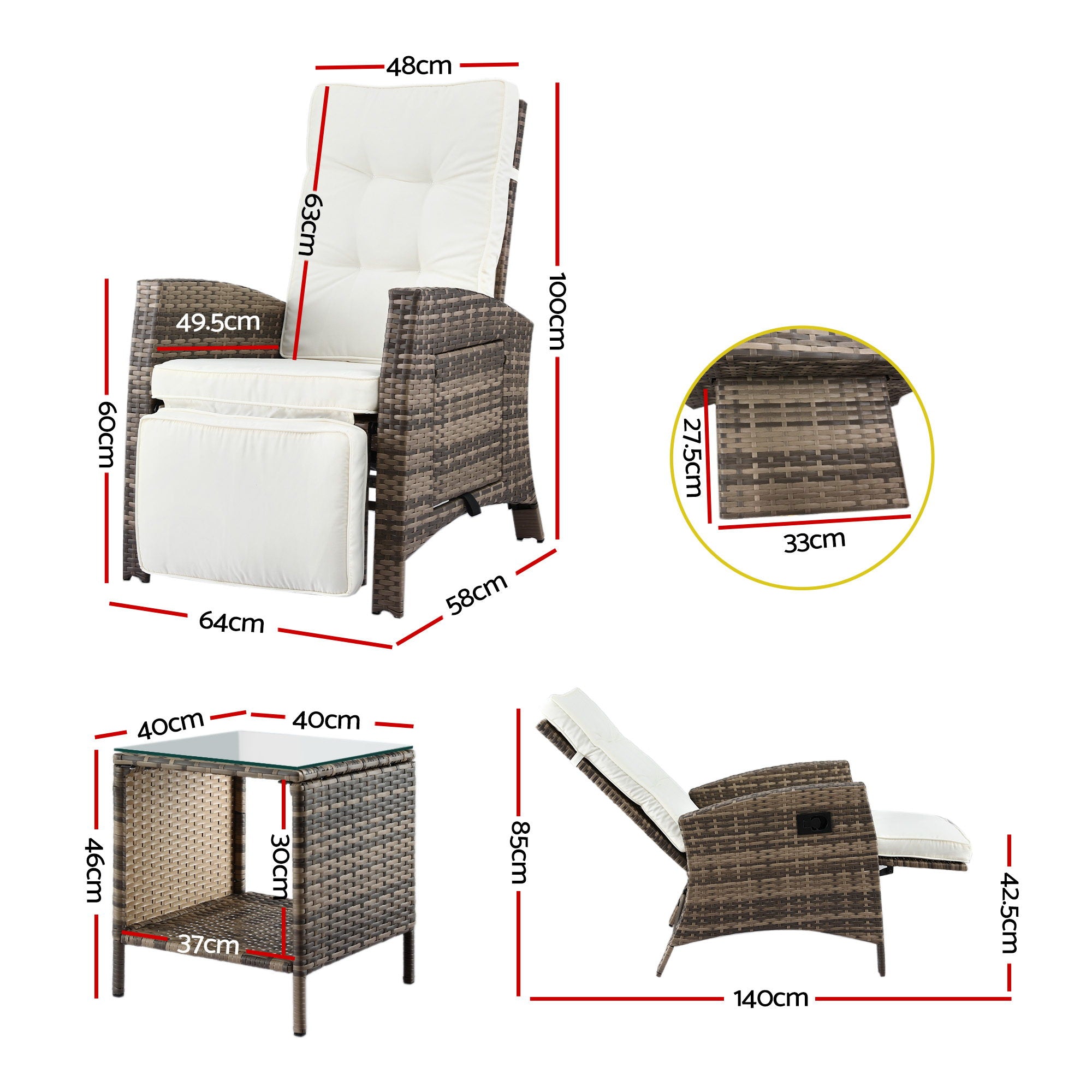 3PC Outdoor Bistro Set Recliner Chairs Table Sun lounge Patio Furniture Wicker Adjustable