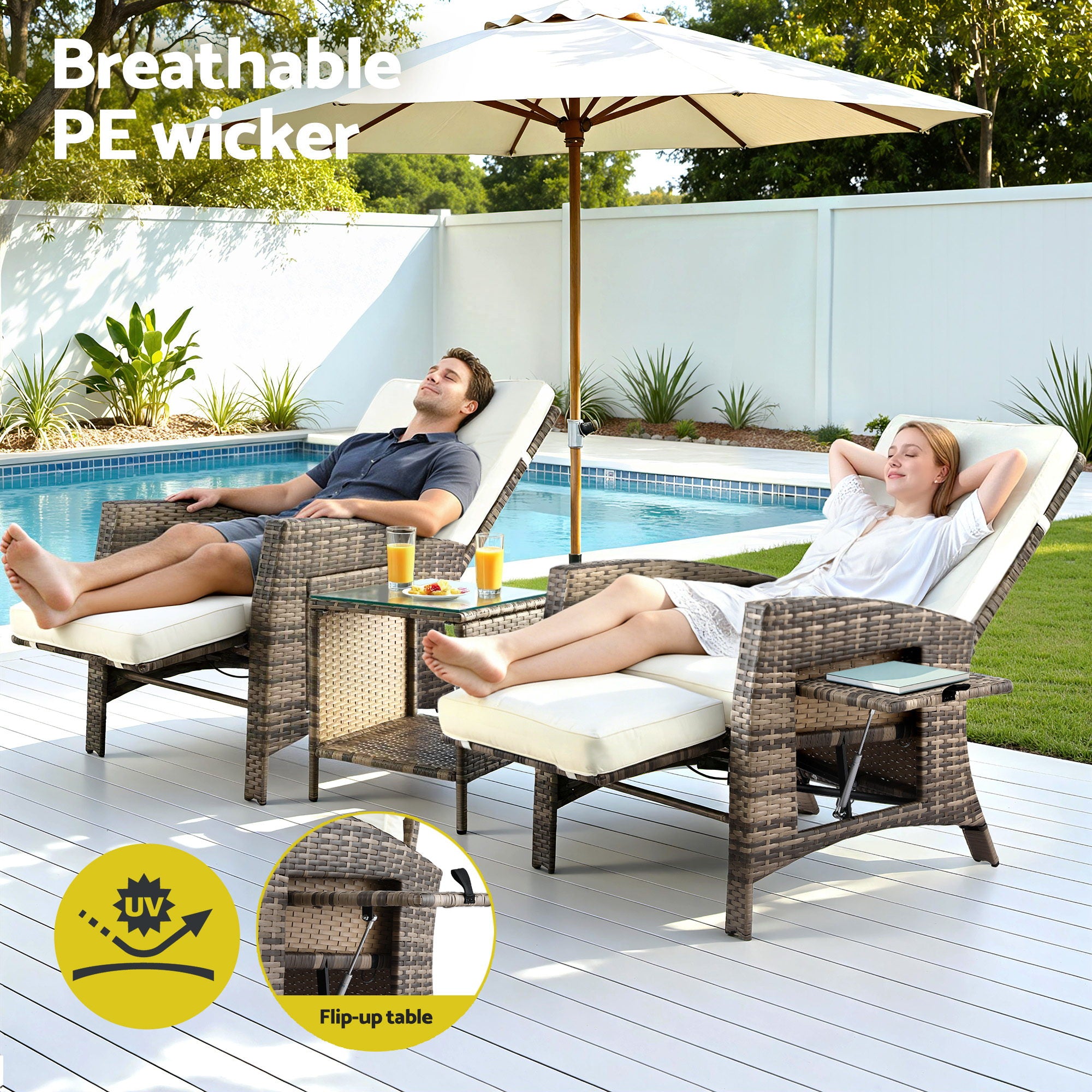 3PC Outdoor Bistro Set Recliner Chairs Table Sun lounge Patio Furniture Wicker Adjustable