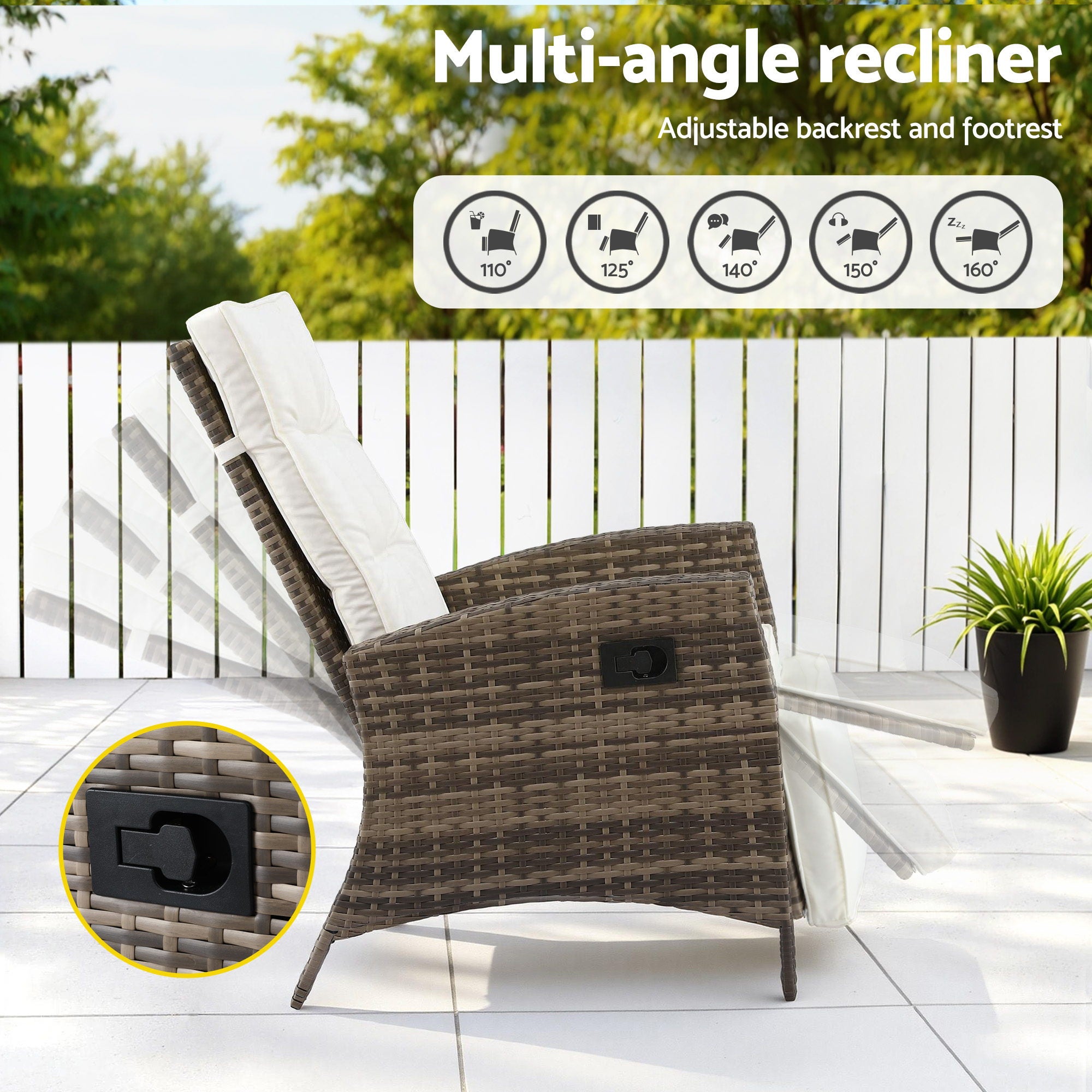 3PC Outdoor Bistro Set Recliner Chairs Table Sun lounge Patio Furniture Wicker Adjustable