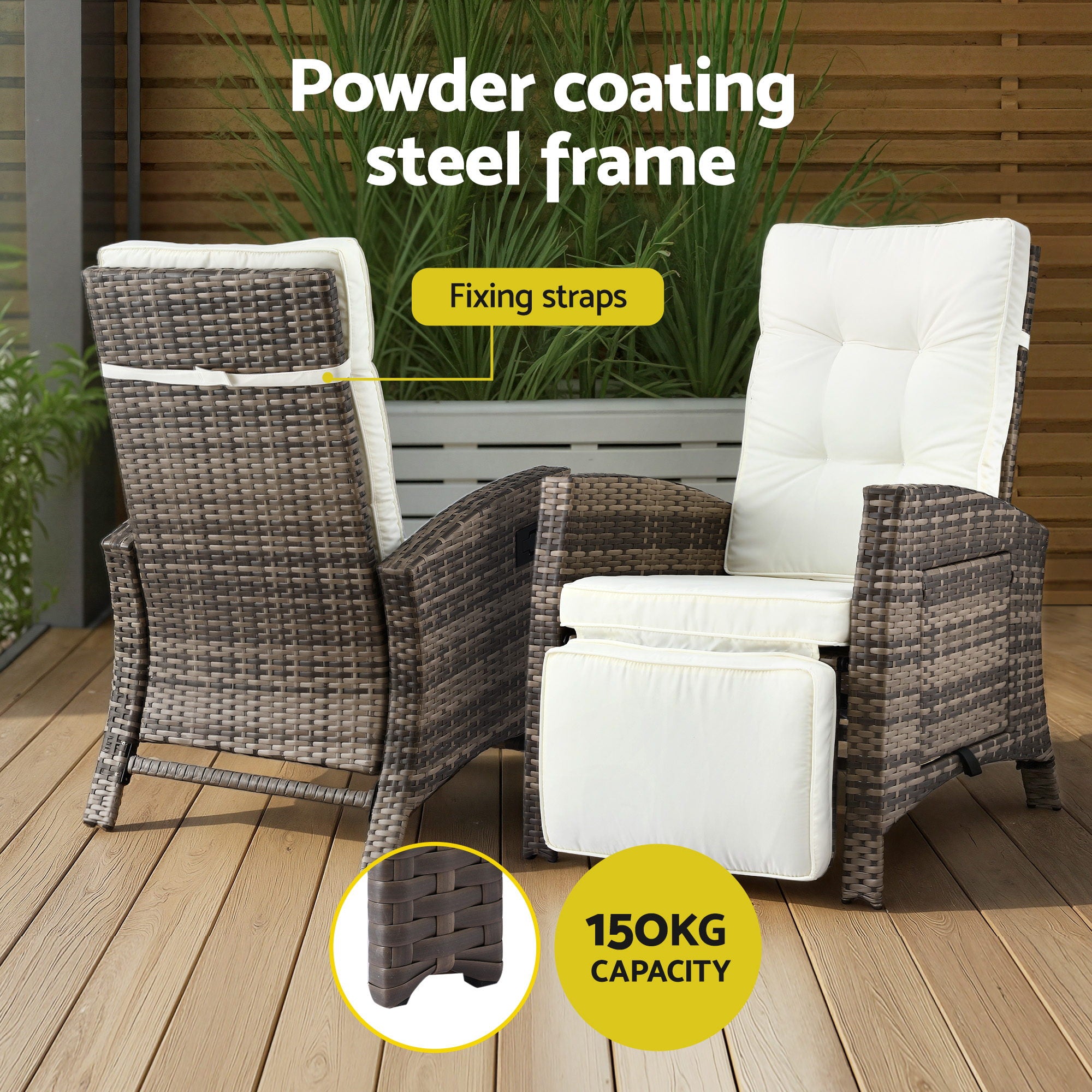 3PC Outdoor Bistro Set Recliner Chairs Table Sun lounge Patio Furniture Wicker Adjustable