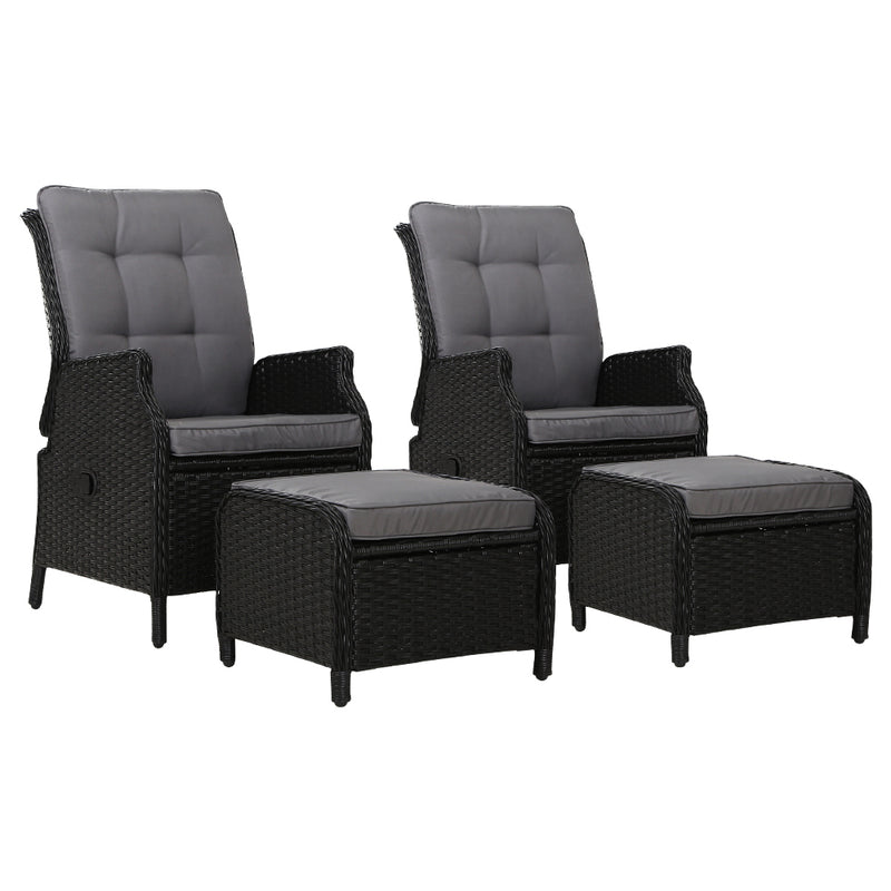 2PC Recliner Chair Sun lounge Wicker Lounger Outdoor Furniture Adjustable Black