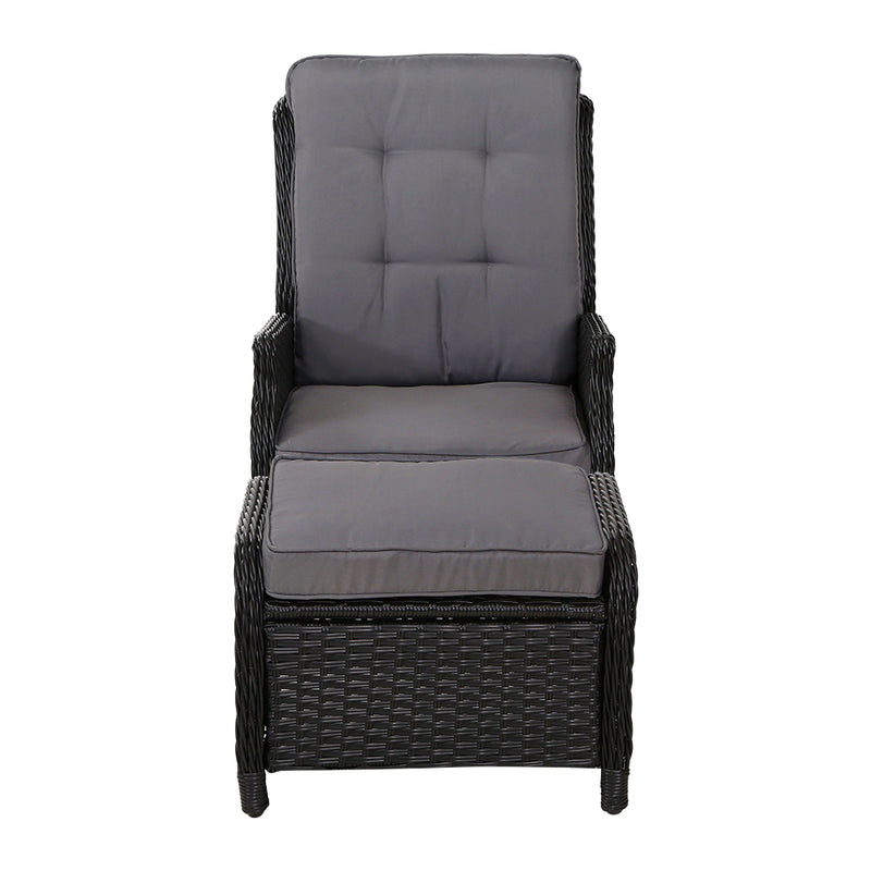 2PC Recliner Chair Sun lounge Wicker Lounger Outdoor Furniture Adjustable Black