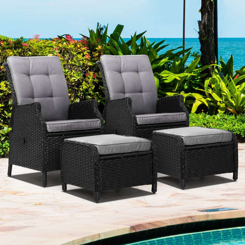 2PC Recliner Chair Sun lounge Wicker Lounger Outdoor Furniture Adjustable Black