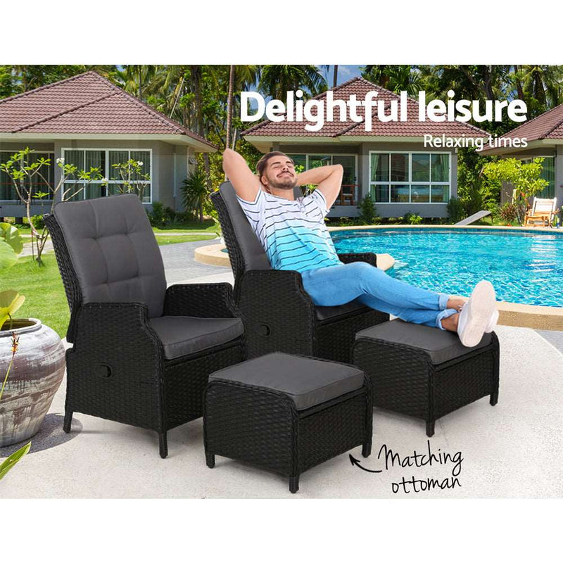 2PC Recliner Chair Sun lounge Wicker Lounger Outdoor Furniture Adjustable Black