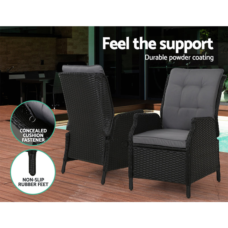 2PC Recliner Chair Sun lounge Wicker Lounger Outdoor Furniture Adjustable Black