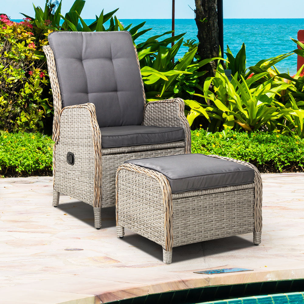 Recliner Chair Sun lounge Wicker Lounger Outdoor Furniture Patio Adjustable Grey