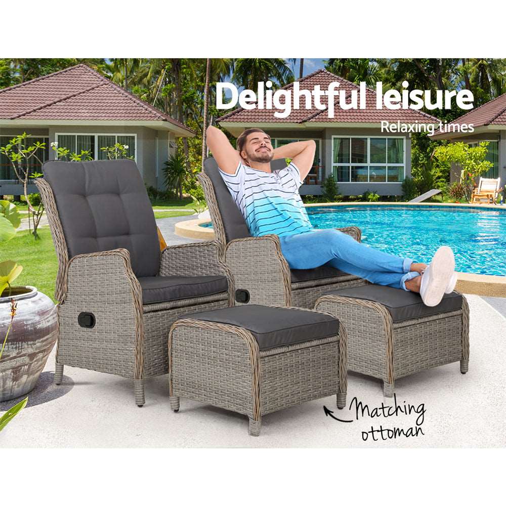 2PC Recliner Chair Sun lounge Wicker Lounger Outdoor Furniture Adjustable Grey