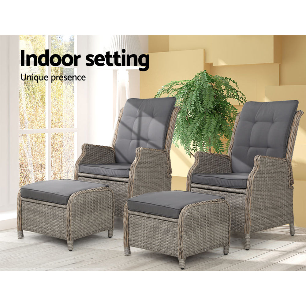 2PC Recliner Chair Sun lounge Wicker Lounger Outdoor Furniture Adjustable Grey