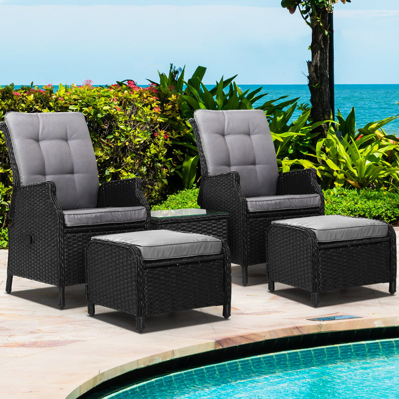 5PC Recliner Chairs Table Sun lounge Wicker Outdoor Furniture Adjustable Black