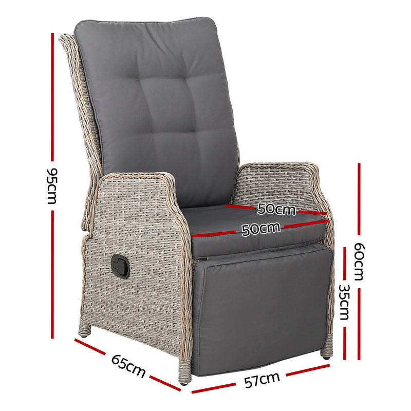 2PC Recliner Chairs Sun lounge Wicker Lounger Outdoor Furniture Adjustable Grey