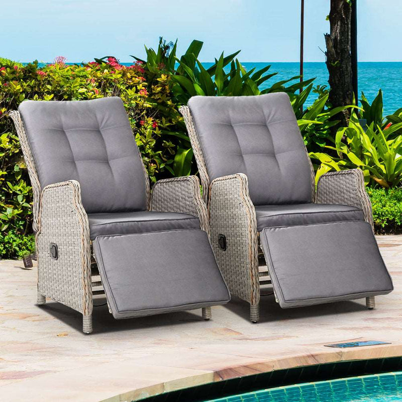 2PC Recliner Chairs Sun lounge Wicker Lounger Outdoor Furniture Adjustable Grey