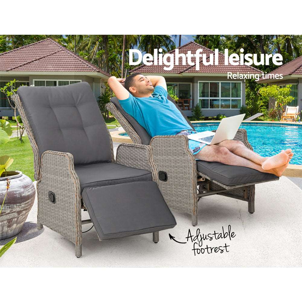 2PC Recliner Chairs Sun lounge Wicker Lounger Outdoor Furniture Adjustable Grey