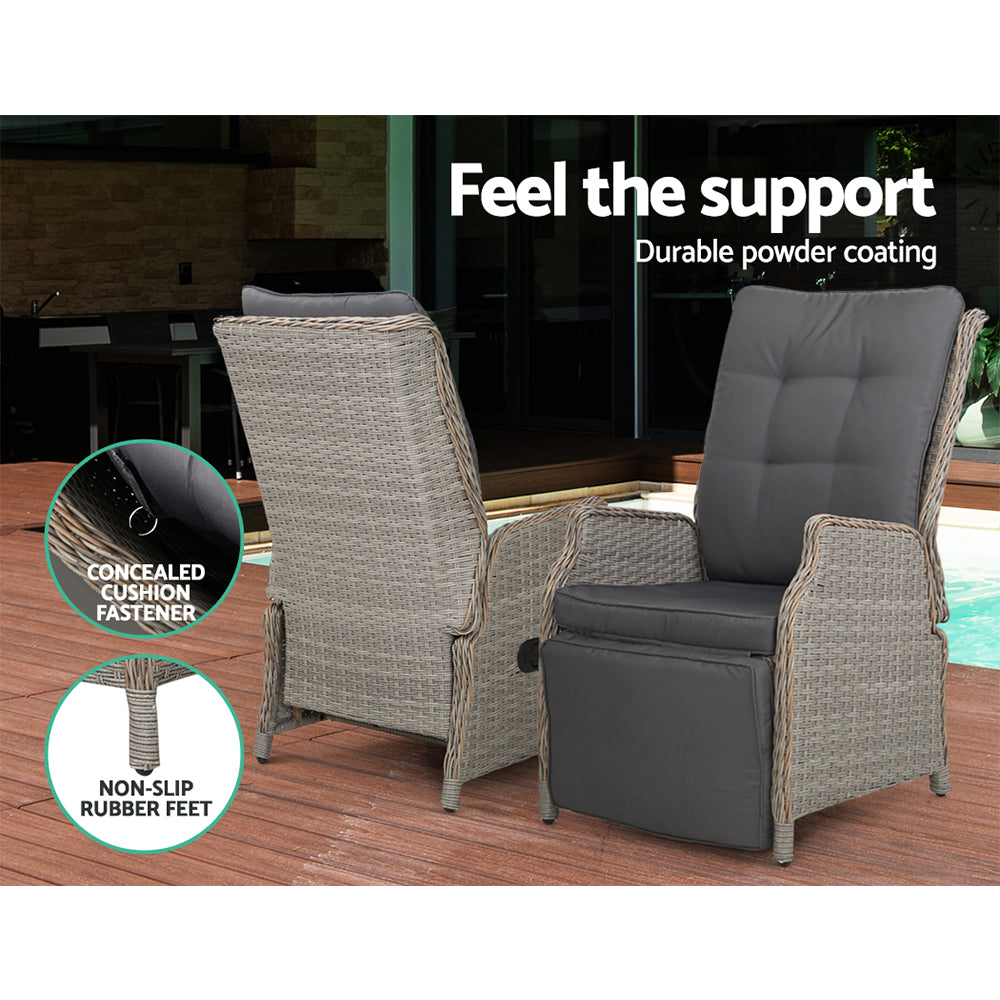 2PC Recliner Chairs Sun lounge Wicker Lounger Outdoor Furniture Adjustable Grey