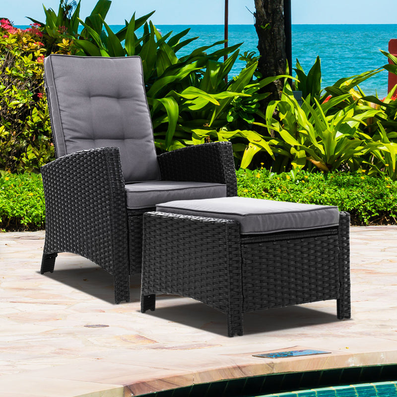 Recliner Chair Sun lounge Wicker Lounger Outdoor Patio Furniture Adjustable Black