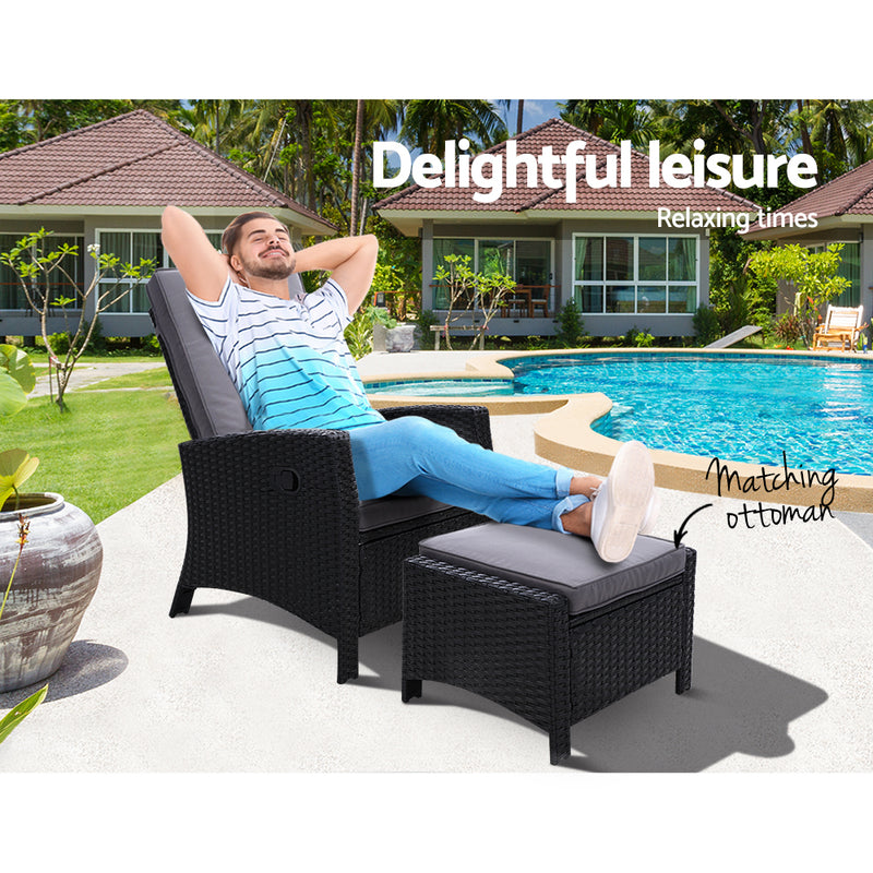 Recliner Chair Sun lounge Wicker Lounger Outdoor Patio Furniture Adjustable Black