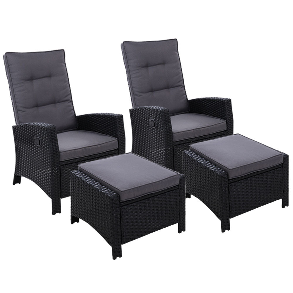 2PC Recliner Chairs Sun lounge Wicker Lounger Outdoor Furniture Adjustable Black