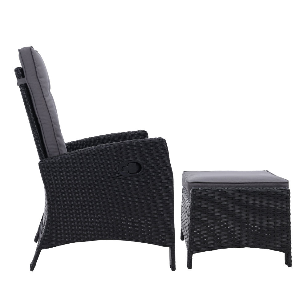 2PC Recliner Chairs Sun lounge Wicker Lounger Outdoor Furniture Adjustable Black