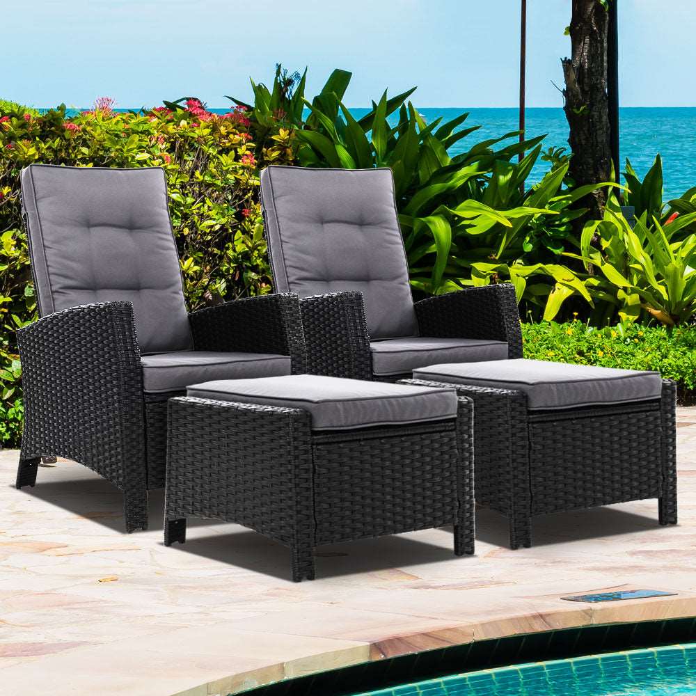 2PC Recliner Chairs Sun lounge Wicker Lounger Outdoor Furniture Adjustable Black