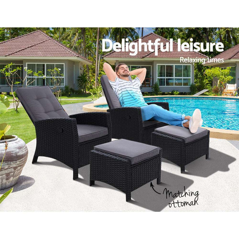 2PC Recliner Chairs Sun lounge Wicker Lounger Outdoor Furniture Adjustable Black