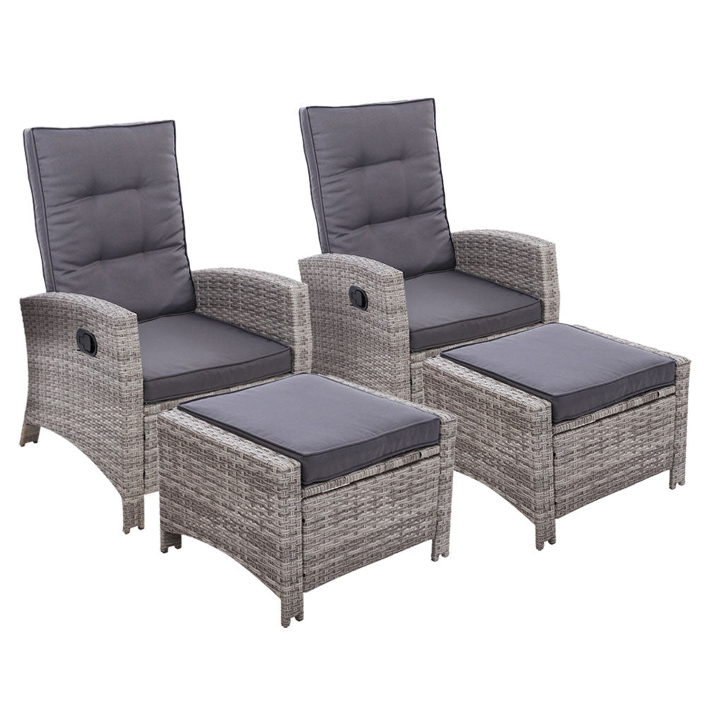 2PC Recliner Chairs Sun lounge Wicker Lounger Outdoor Furniture Adjustable Grey