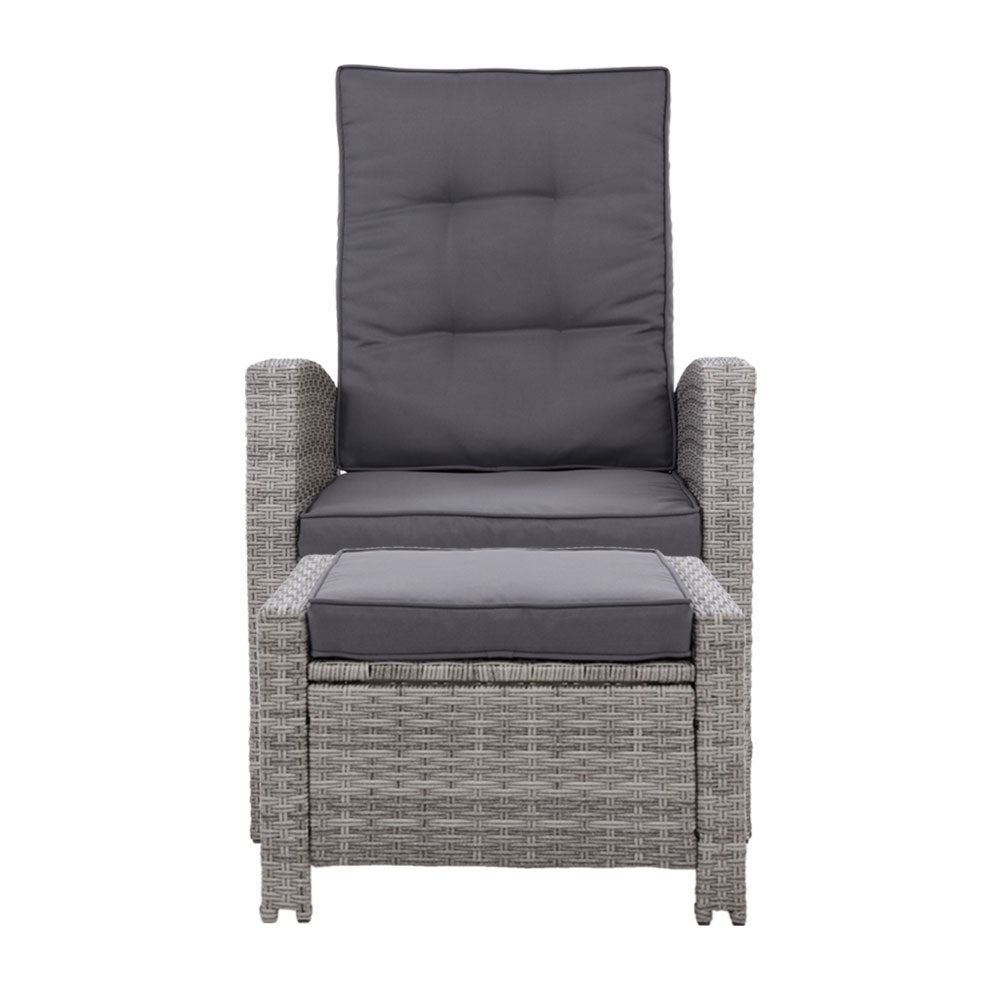 2PC Recliner Chairs Sun lounge Wicker Lounger Outdoor Furniture Adjustable Grey