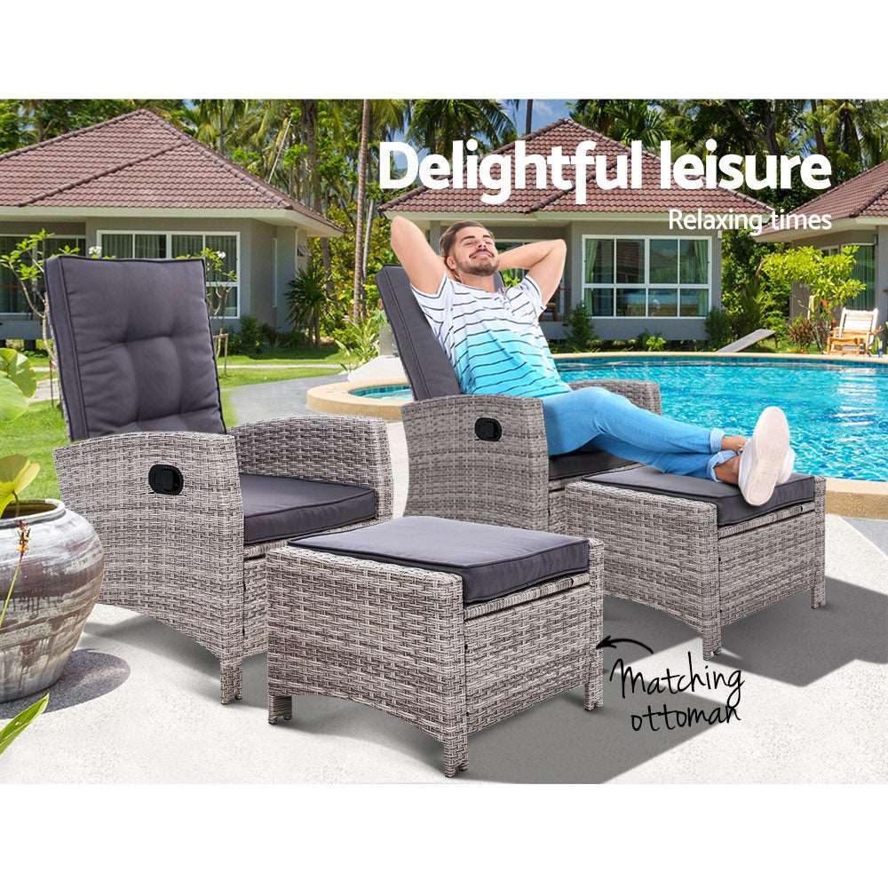 2PC Recliner Chairs Sun lounge Wicker Lounger Outdoor Furniture Adjustable Grey