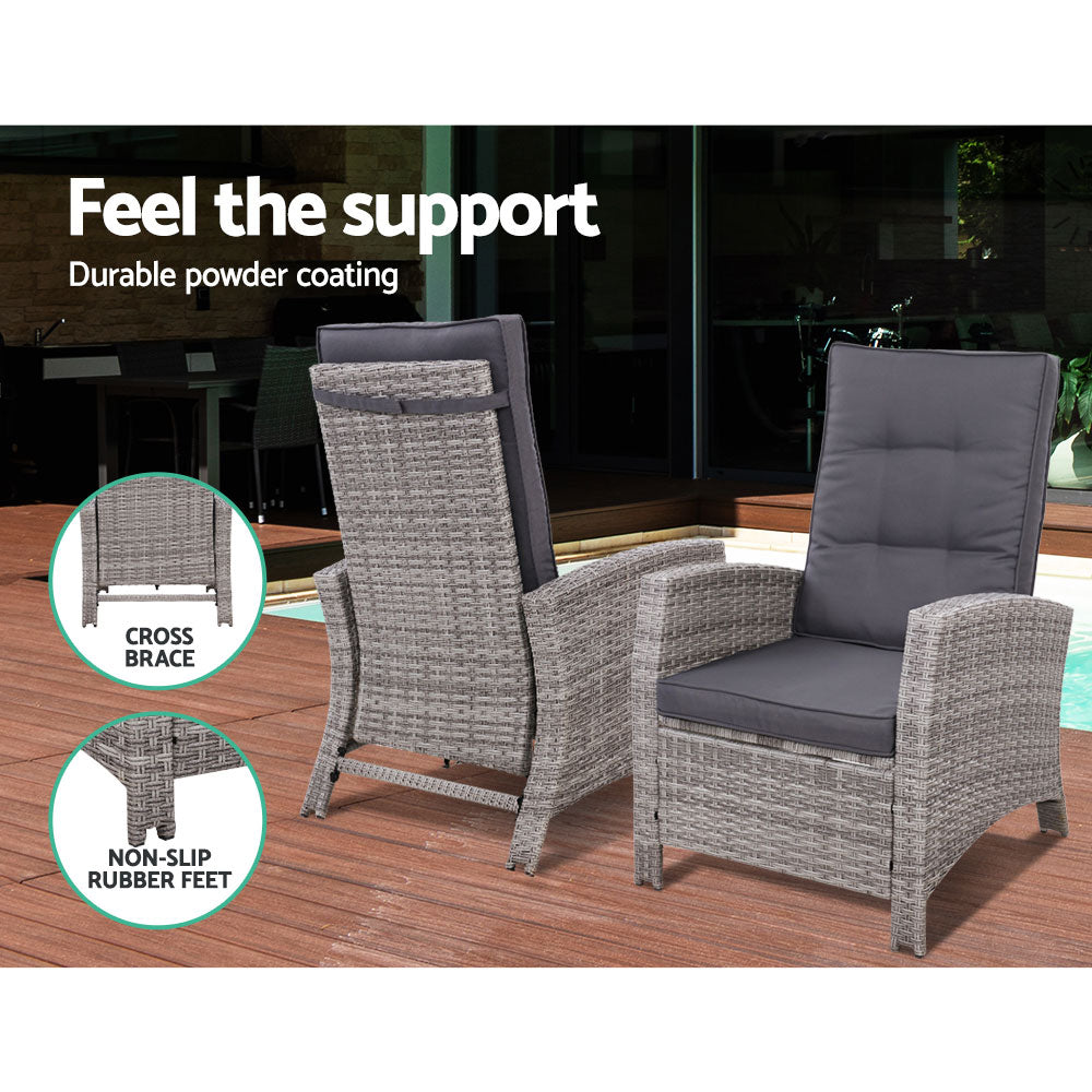 2PC Recliner Chairs Sun lounge Wicker Lounger Outdoor Furniture Adjustable Grey