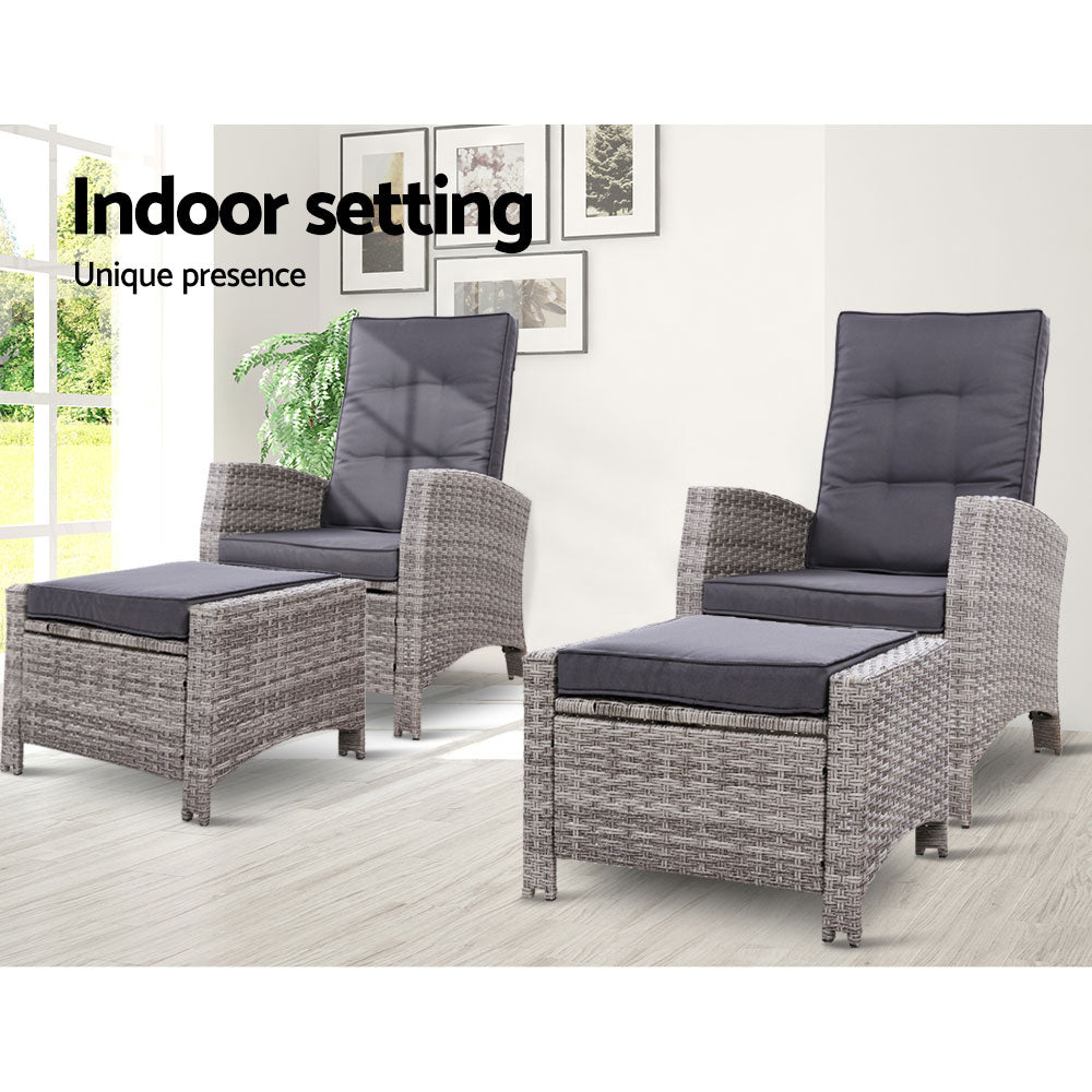 2PC Recliner Chairs Sun lounge Wicker Lounger Outdoor Furniture Adjustable Grey