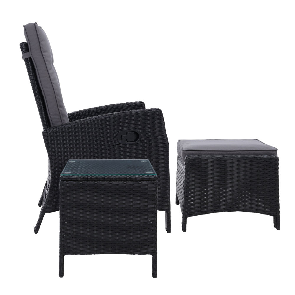 3PC Recliner Chairs Table Sun lounge Wicker Outdoor Furniture Adjustable Black