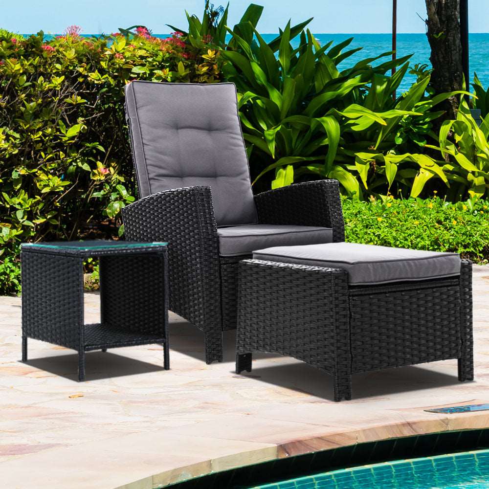 3PC Recliner Chairs Table Sun lounge Wicker Outdoor Furniture Adjustable Black