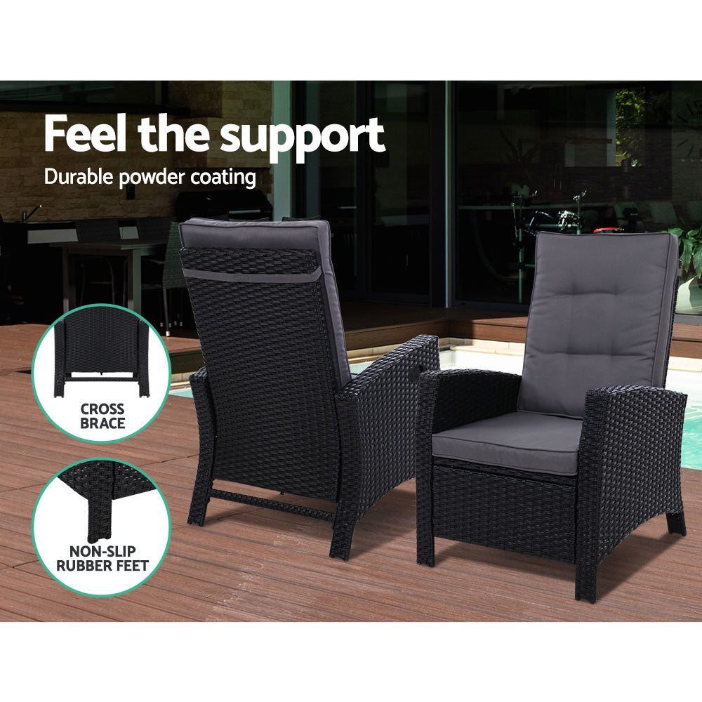 3PC Recliner Chairs Table Sun lounge Wicker Outdoor Furniture Adjustable Black