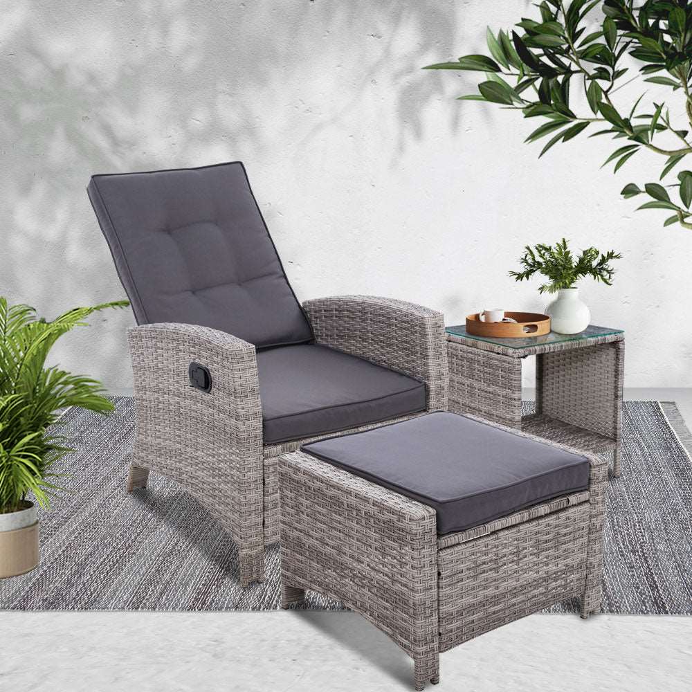 3PC Recliner Chairs Table Sun lounge Wicker Outdoor Furniture Adjustable Grey