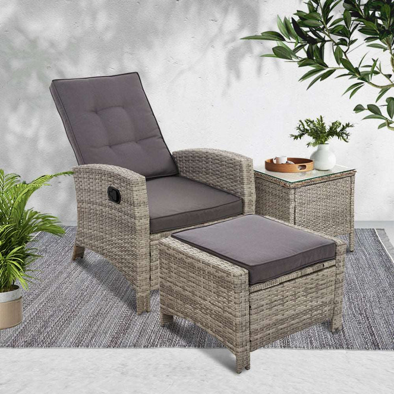 3PC Recliner Chairs Table Sun lounge Wicker Outdoor Furniture Adjustable Grey