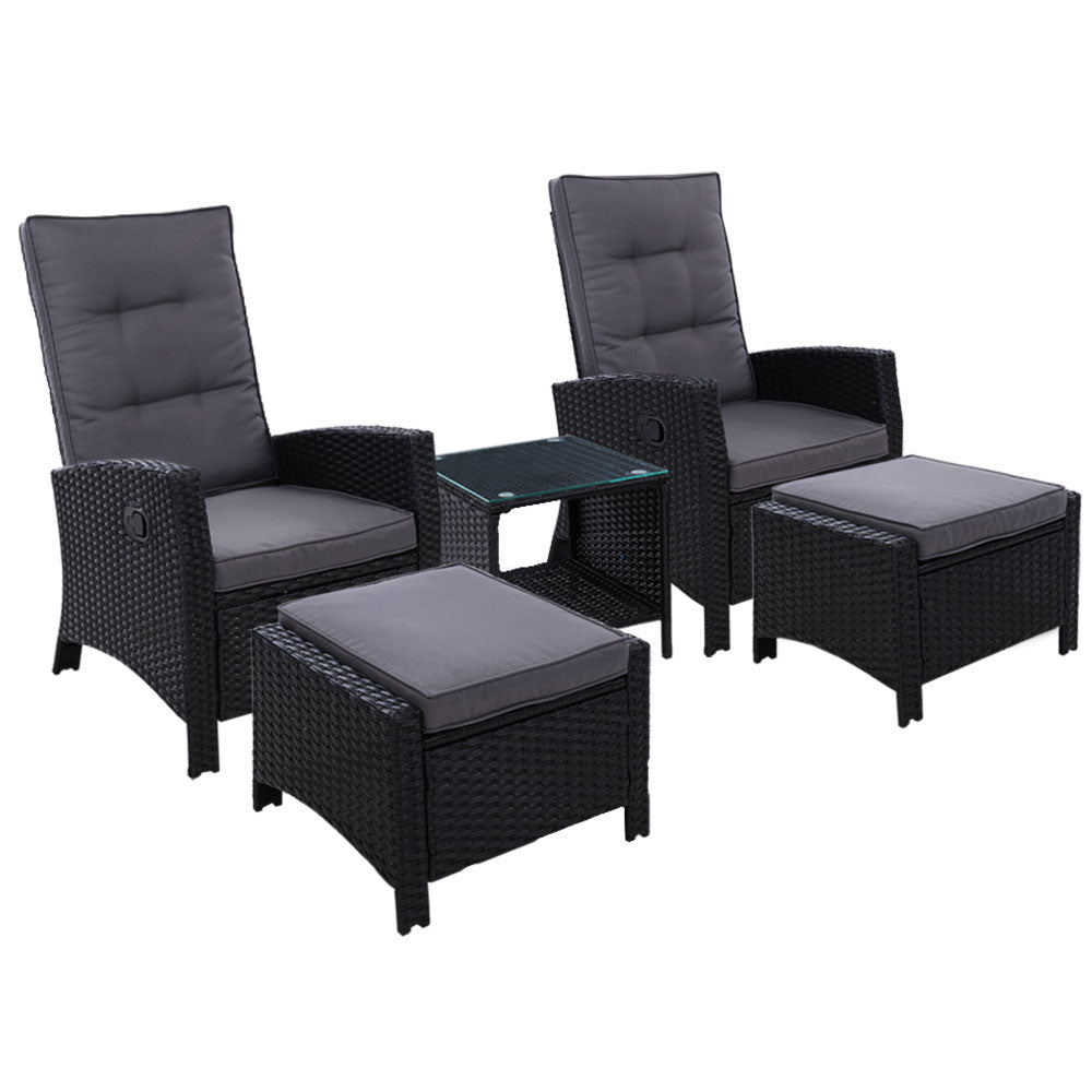 5PC Recliner Chairs Table Sun lounge Wicker Outdoor Furniture Adjustable Black