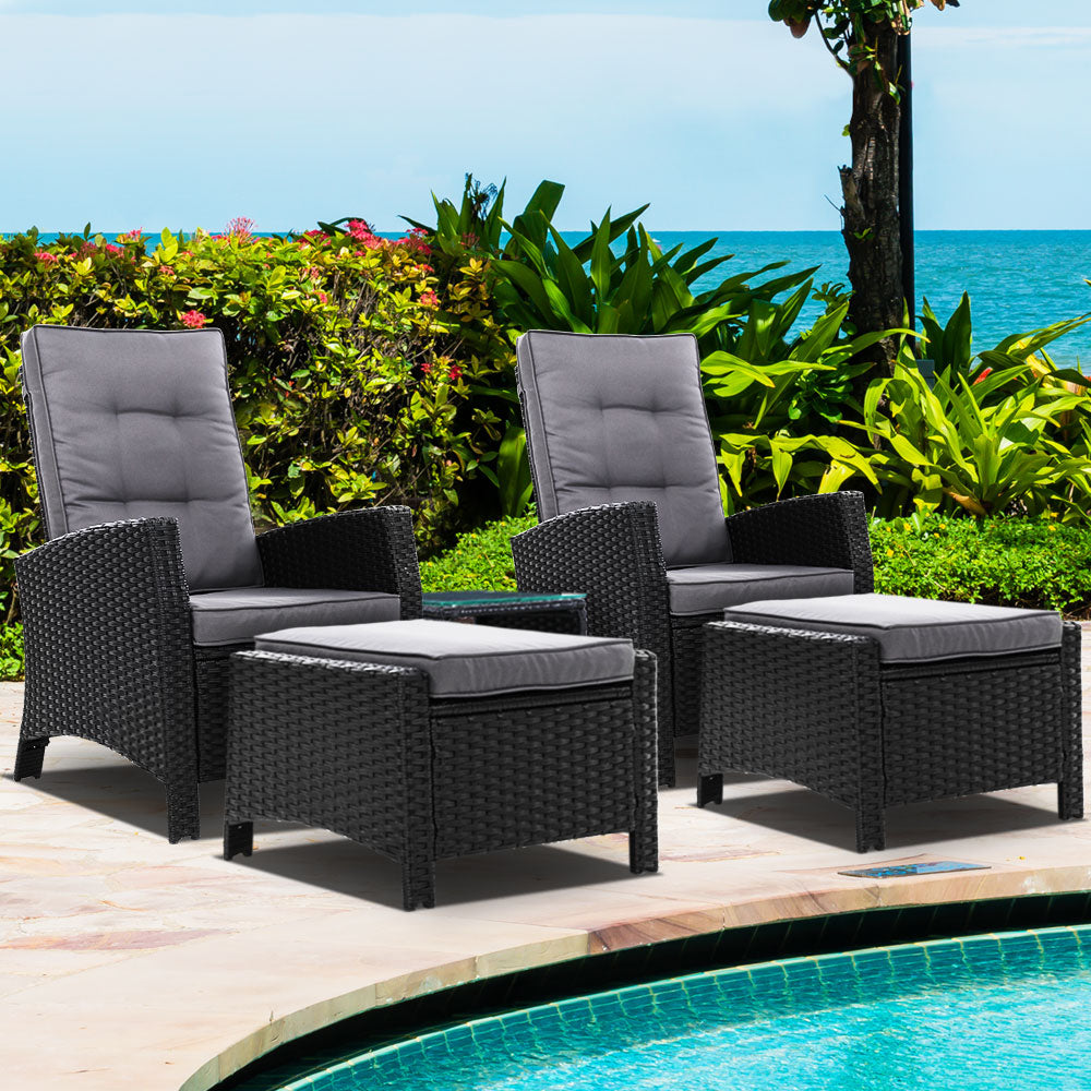 5PC Recliner Chairs Table Sun lounge Wicker Outdoor Furniture Adjustable Black