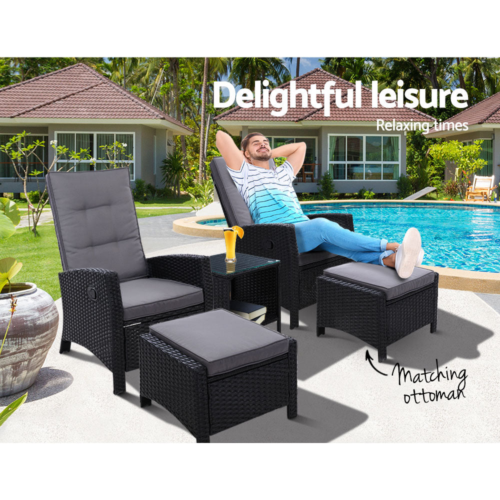 5PC Recliner Chairs Table Sun lounge Wicker Outdoor Furniture Adjustable Black