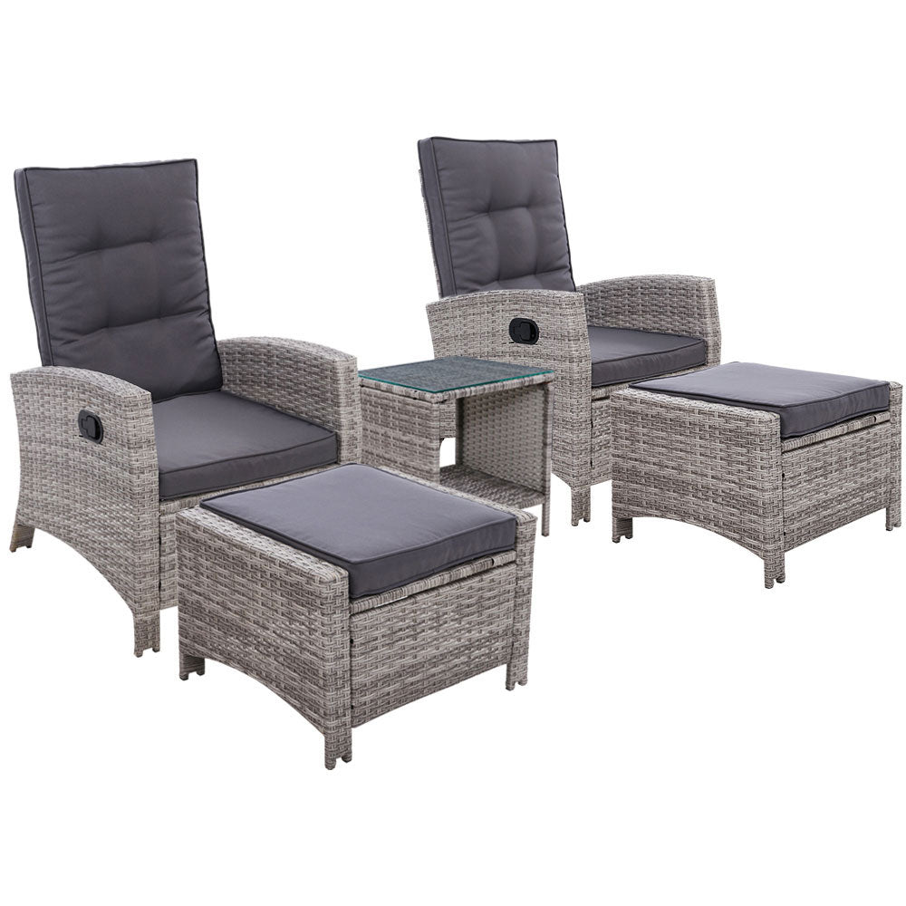 5PC Recliner Chairs Table Sun lounge Wicker Outdoor Furniture Adjustable Grey