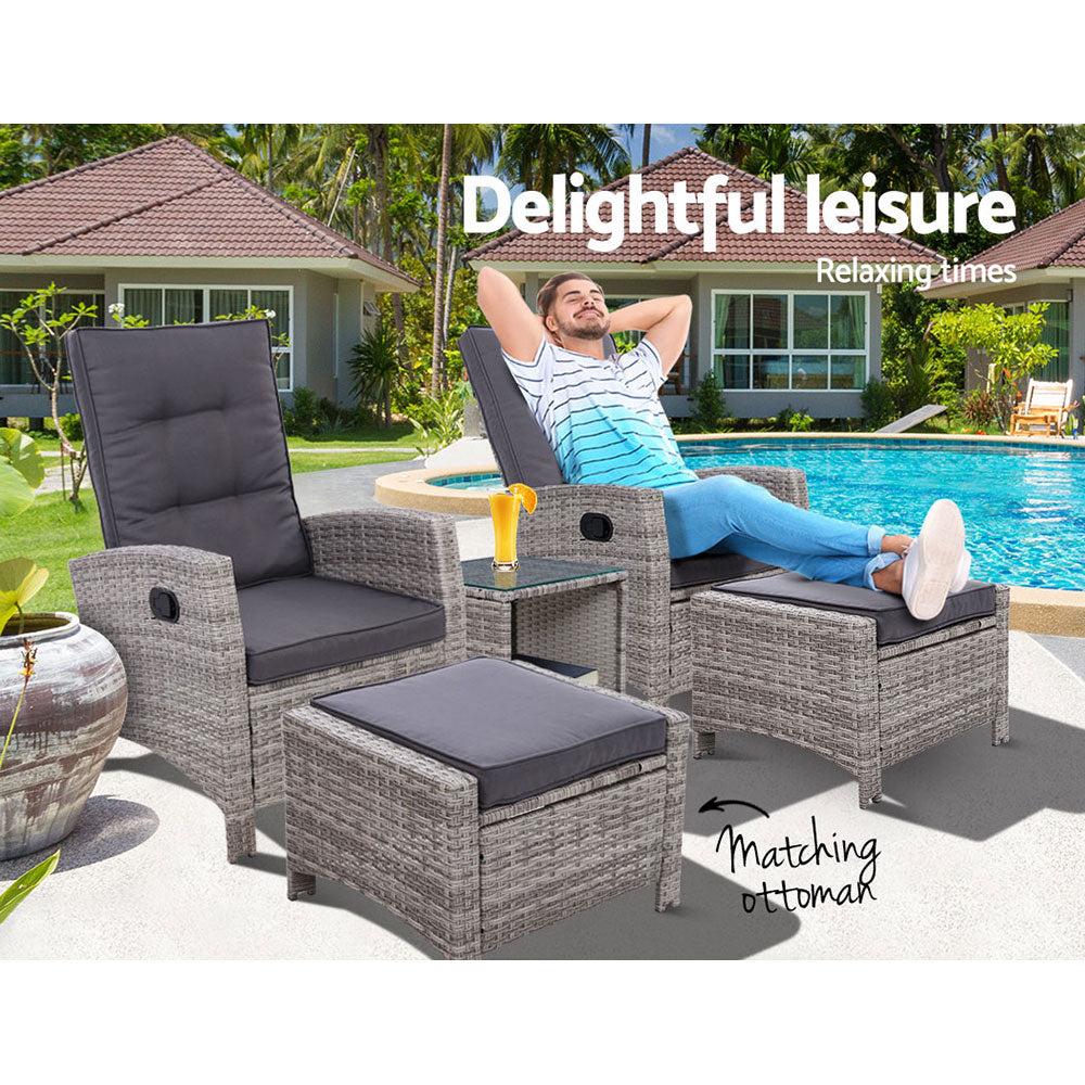 5PC Recliner Chairs Table Sun lounge Wicker Outdoor Furniture Adjustable Grey