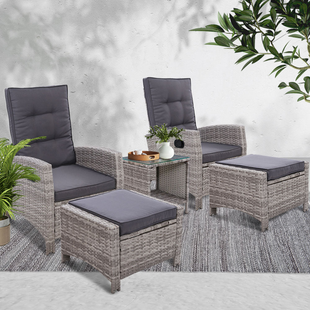 5PC Recliner Chairs Table Sun lounge Wicker Outdoor Furniture Adjustable Grey