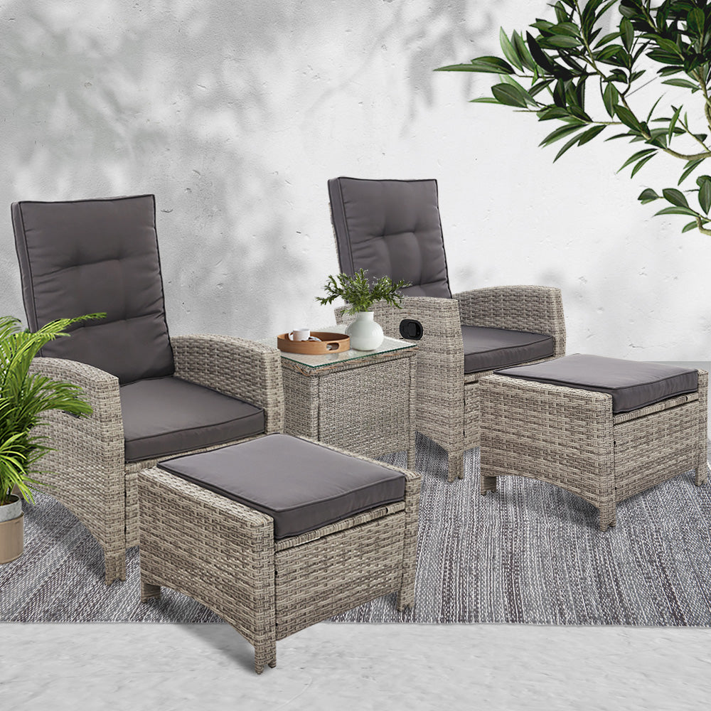 5PC Recliner Chairs Table Sun lounge Wicker Outdoor Furniture Adjustable Grey