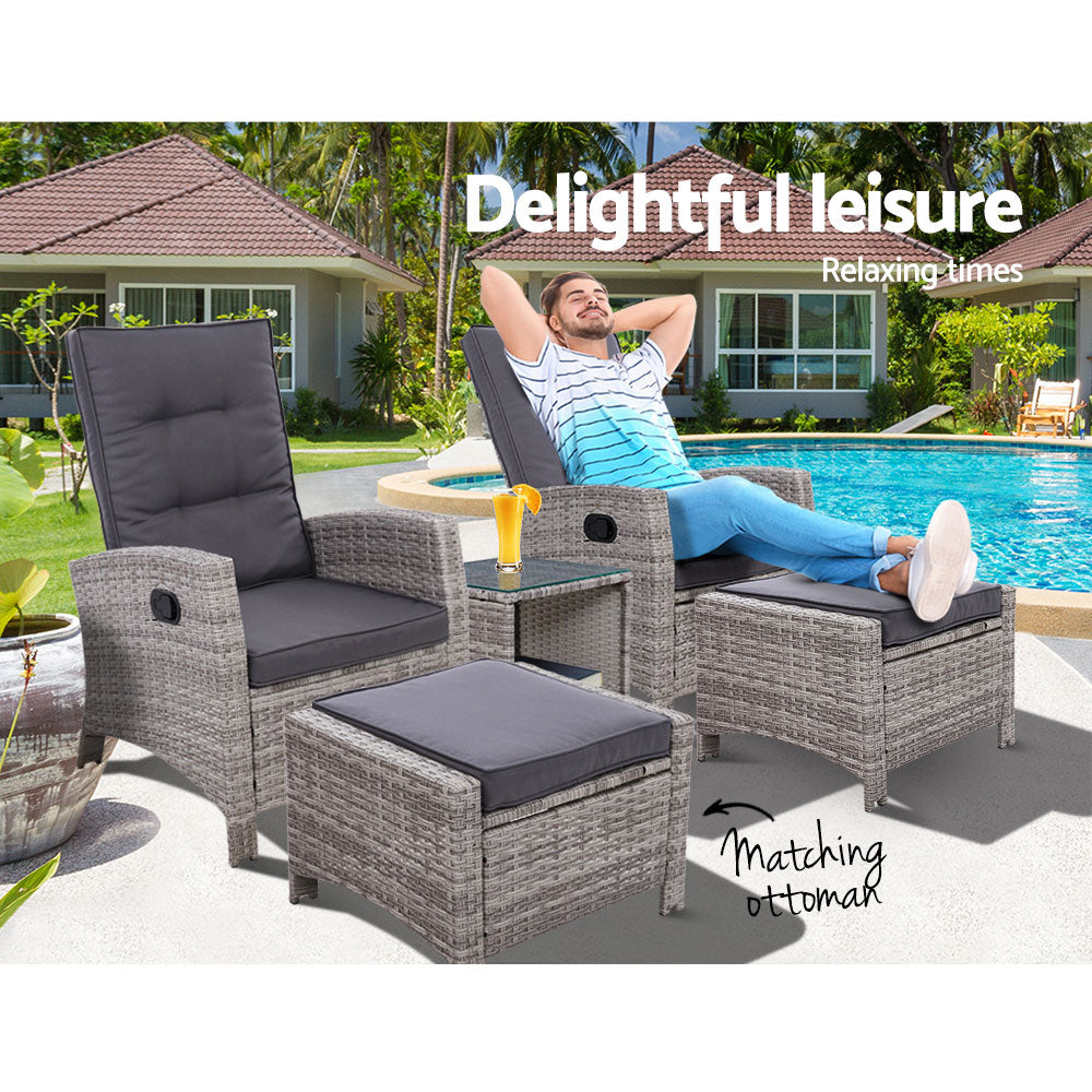 5PC Recliner Chairs Table Sun lounge Wicker Outdoor Furniture Adjustable Grey