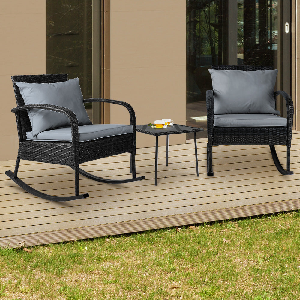 3PC Rocking Chair Table Wicker Outdoor Furniture Patio Bistro Set Black