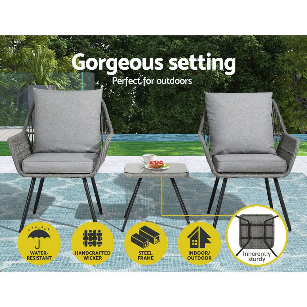 3PC Outdoor Furniture Bistro Set Lounge Setting Chairs Table Patio Grey