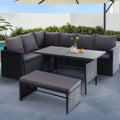 8 Seater Outdoor Wicker Dining Sofa Set with Cushions and Tempered Glass Table - Black
