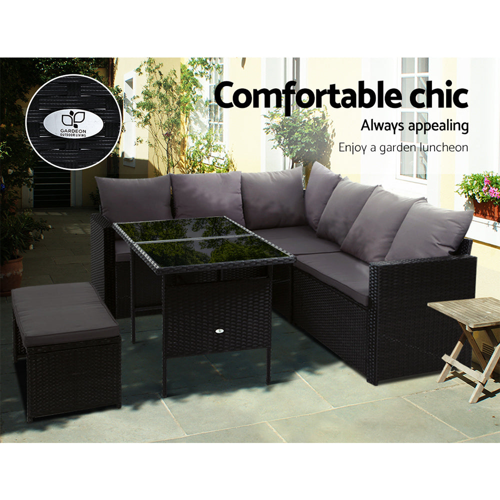 8 Seater Outdoor Wicker Dining Sofa Set with Cushions and Tempered Glass Table - Black